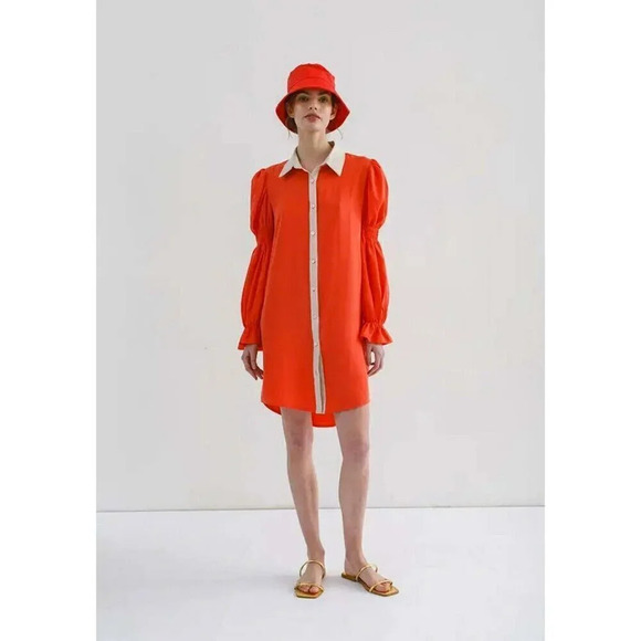 Margo Baridon Sienna Mini Shirt Dress Size Small Orange Puff Sleeve $298 - Picture 2 of 14